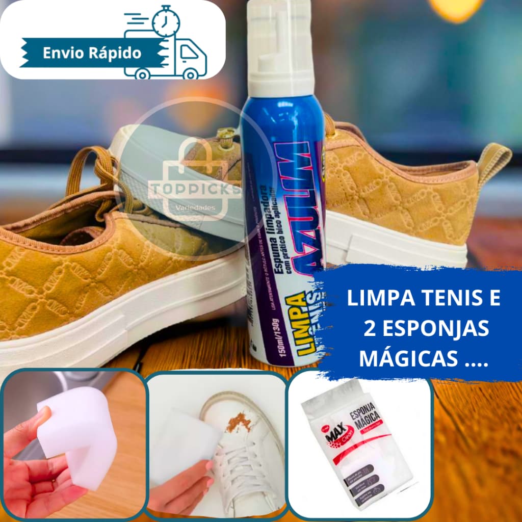 Espuma Limpa Tênis a Seco 130g Limpa Calçados Bolsas e Malas De Couro +  2 Esponjas Mágica Multiuso