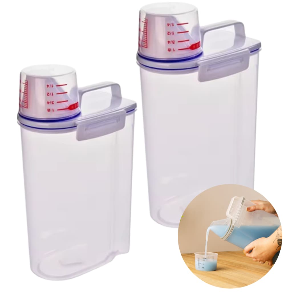 Kit Dispenser Organizador Plástico Lavanderia Com Tampa Dosadora Medidora 2L Sabão Em Pó