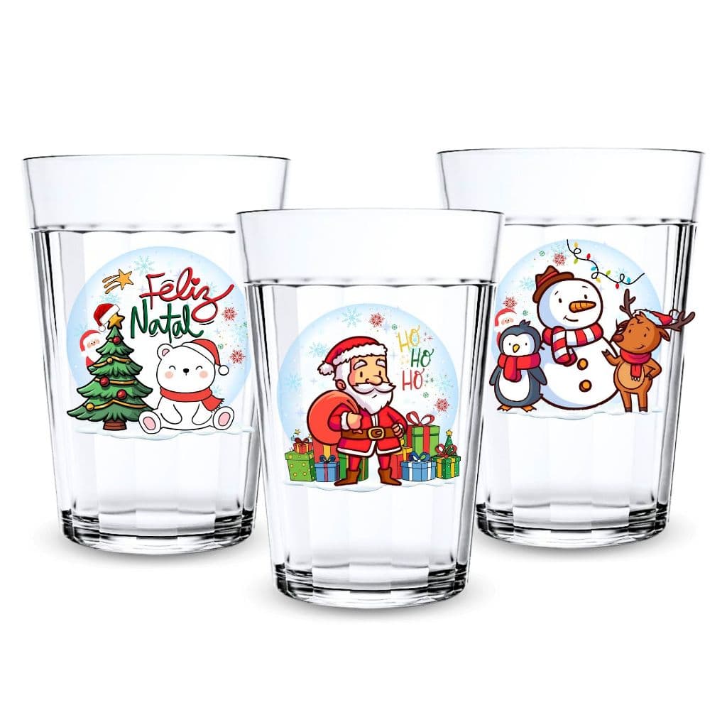 Kit 3 Copos Americanos 190ml De Vidro Personalizado Estampado Natal Fim De Ano Decoração Natalina