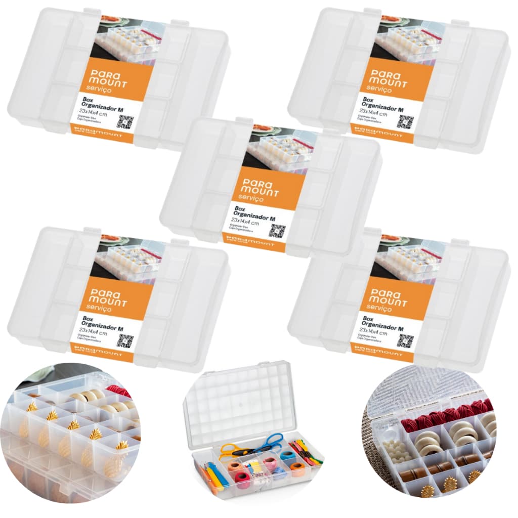 Kit 5 Caixa Box Organizadora 14 Divisórias Com Tampa Porta Treco Joias Bijouteria Pesca Costura