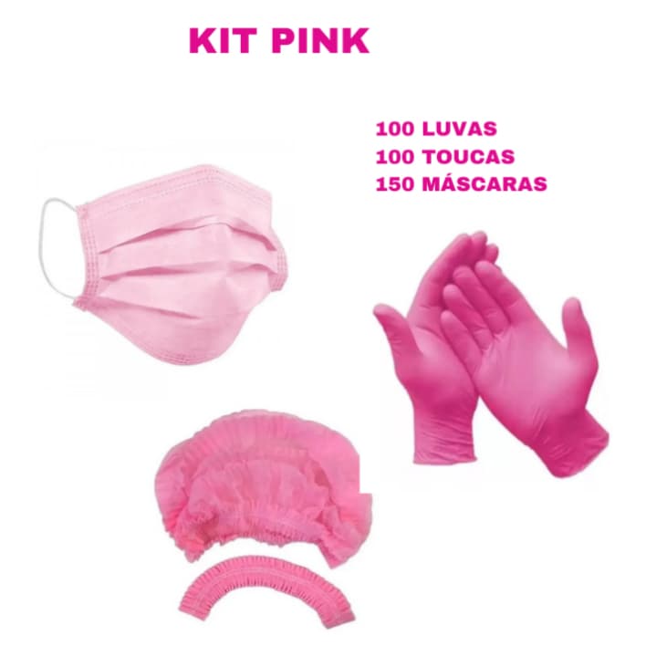 Kit 150 Mascaras Descartáveis Rosa + Luva Nitrilica Rosa + Touca TNT Rosa