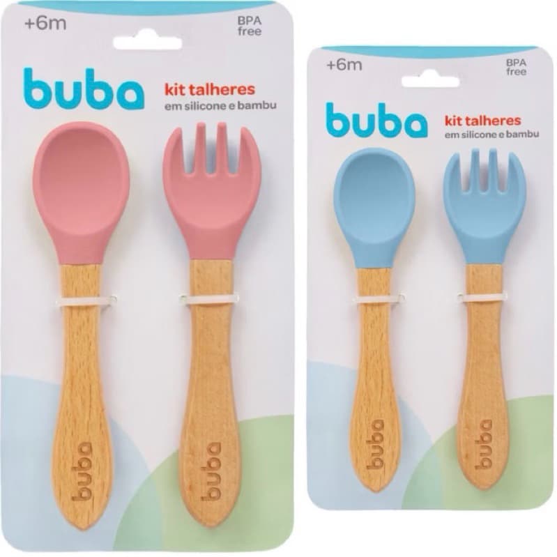 Kit Colher e Garfo Silicone - Talheres Silicone e Bambu – Azul e Rosa - Buba - Introdução Alimentar