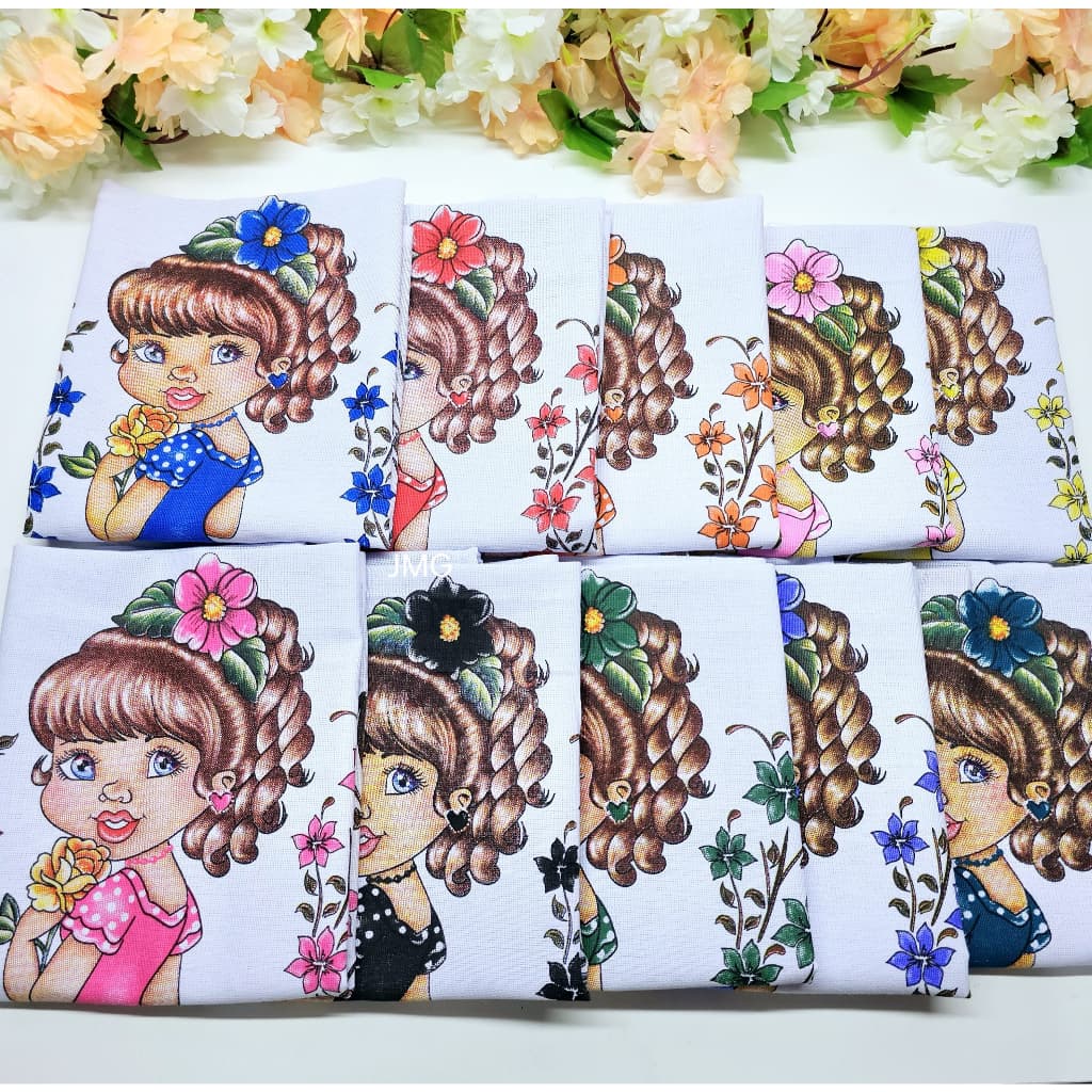 Pano de Prato Boneca Cachinhos 100% algodão , kit com 10 unidades cores sortidas