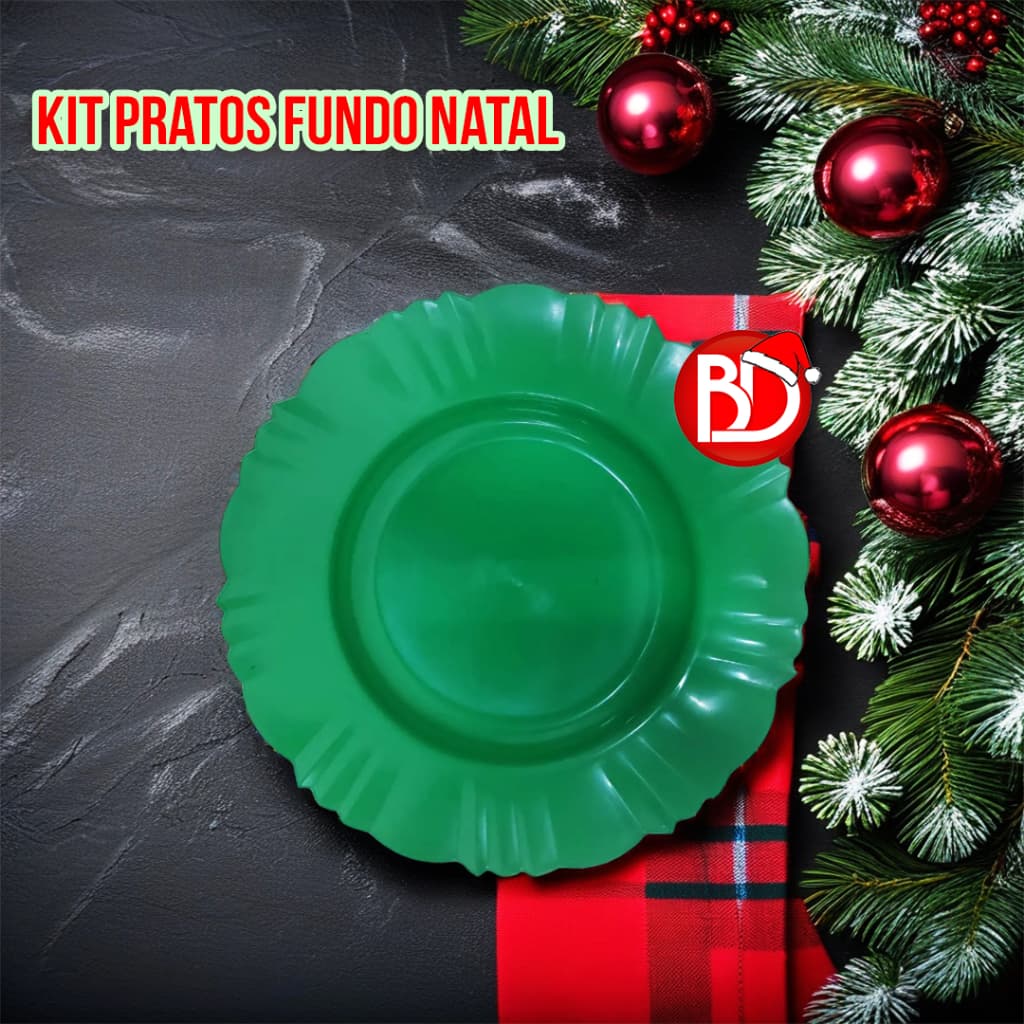 KIT C/ 10 PRATOS FUNDO PETALA VERDE NATAL PLÁSTICO REUTILIZAVEL FESTAS BUFFET CHURRASCO ANIVERSÁRIO