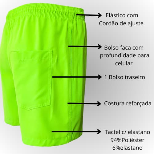 Shorts Tactel Neon Mauricinho Praia Verão Treino Academia Masculino P ao GG