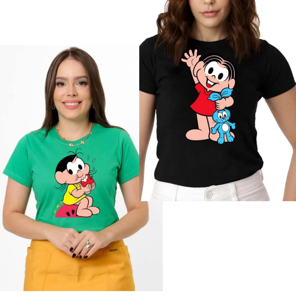Kit 2 Peças Algodão Premium Camisetinha Feminina Personagens Blusa