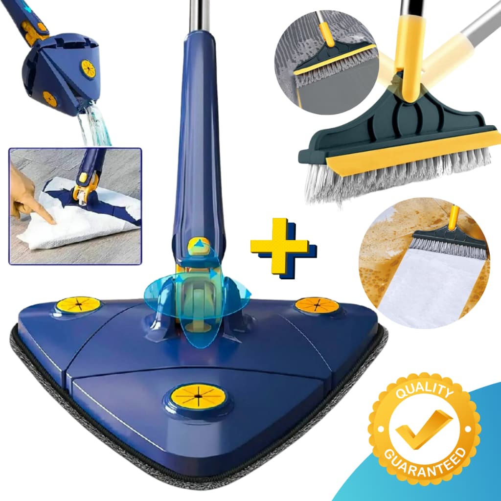 Mop Limpeza Esfregão Triangular Chão Teto Vidros Paredes + Escova 2x1 Vassoura Rodo Banheiro Box KIT