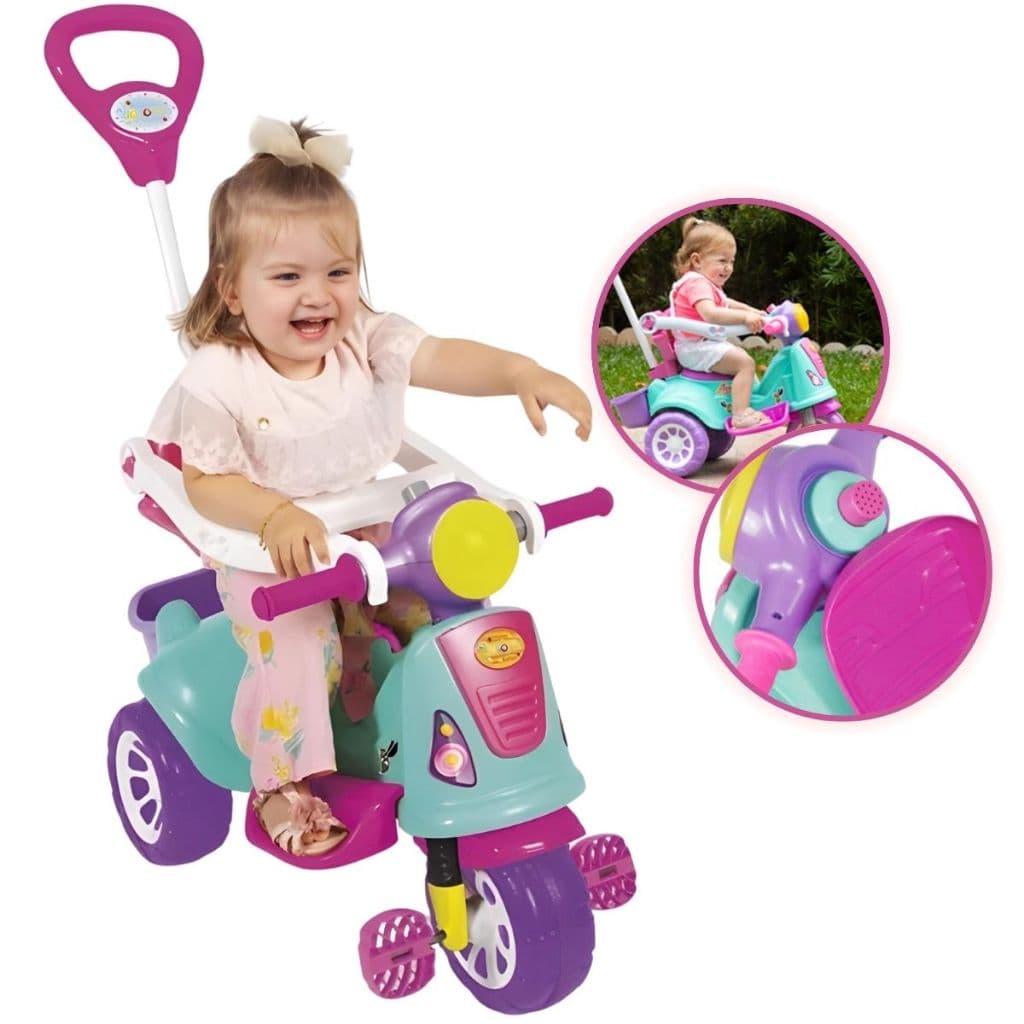 Triciclo Passeio Infantil Com Empurrador Avespa Rosa Maral