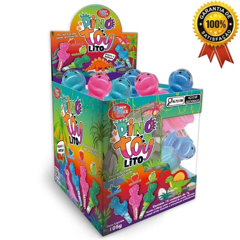 PIRULITO DINO TOY LITO DISPLAYS COM 30 UNIDADES 7G SABORES MORANGO, BLUEBLERRY E MAÇA-VERDE