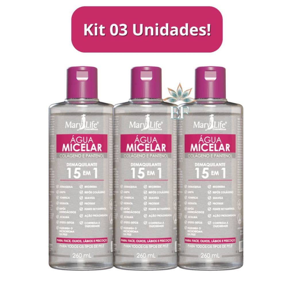 Kit 3 Unidades: Água Micelar Colágeno e Pantenol 15 em 1 260mL Mary Life
