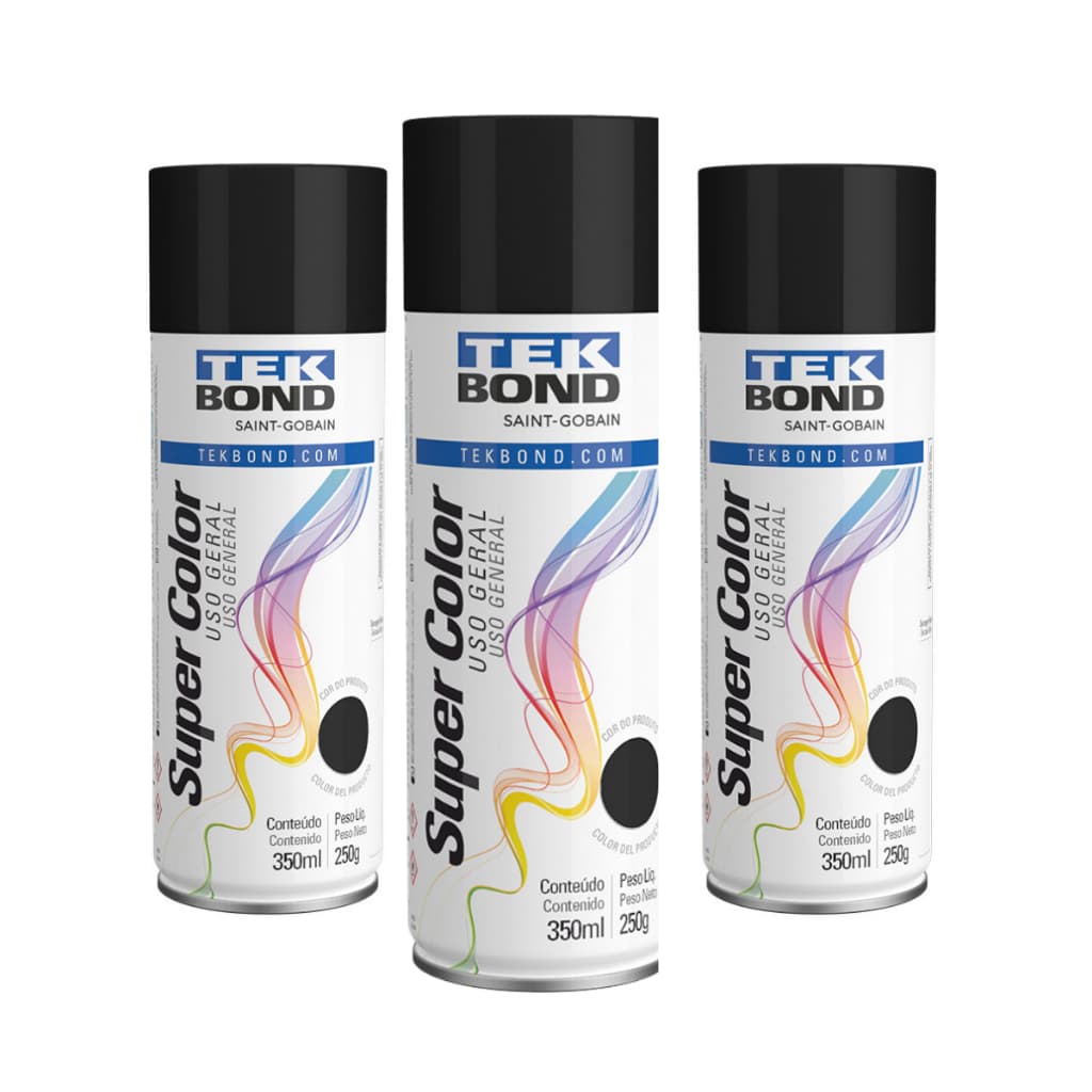 Tinta Spray Preto Brilhante Uso geral 350ml Tekbond - kit com 3