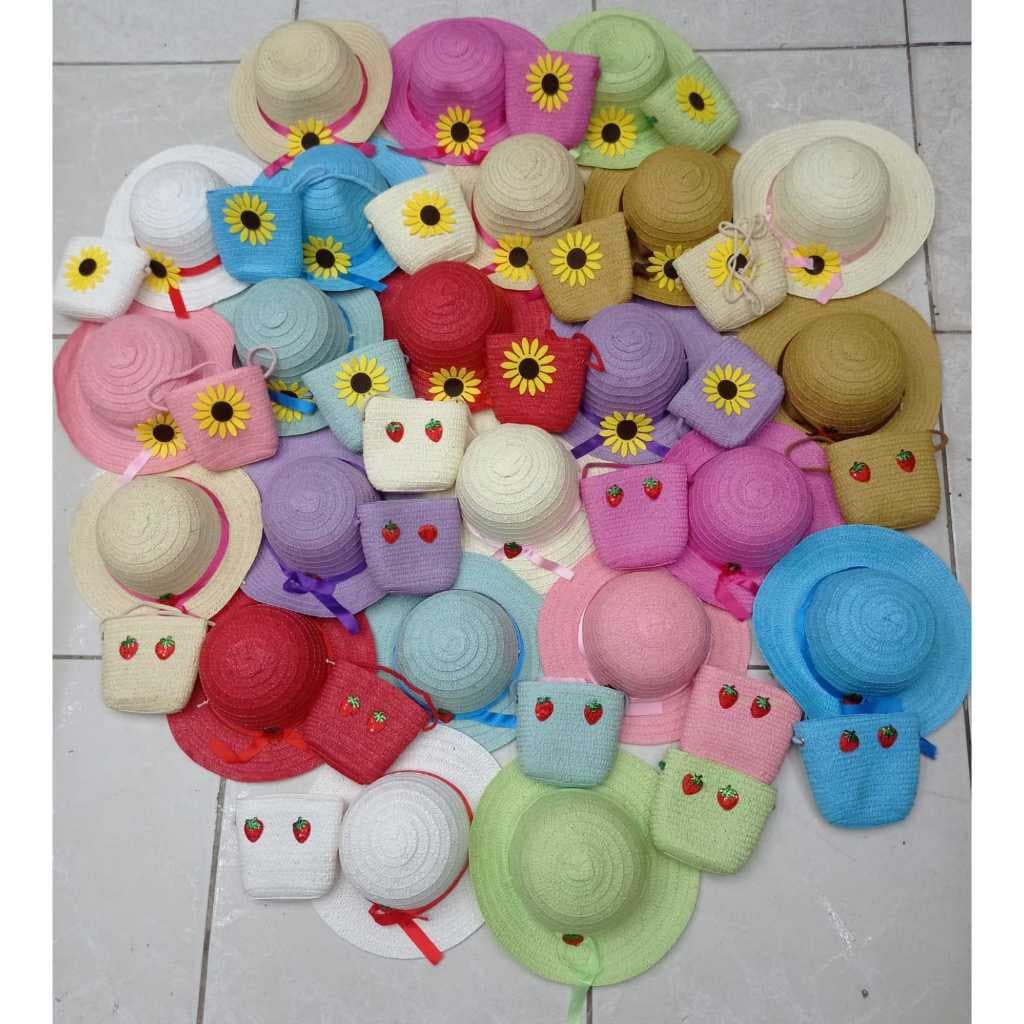 Kit Chapéu + Bolsinha Conjunto De Morango e Girassol De Praia Infantil Moda Verão Praia
