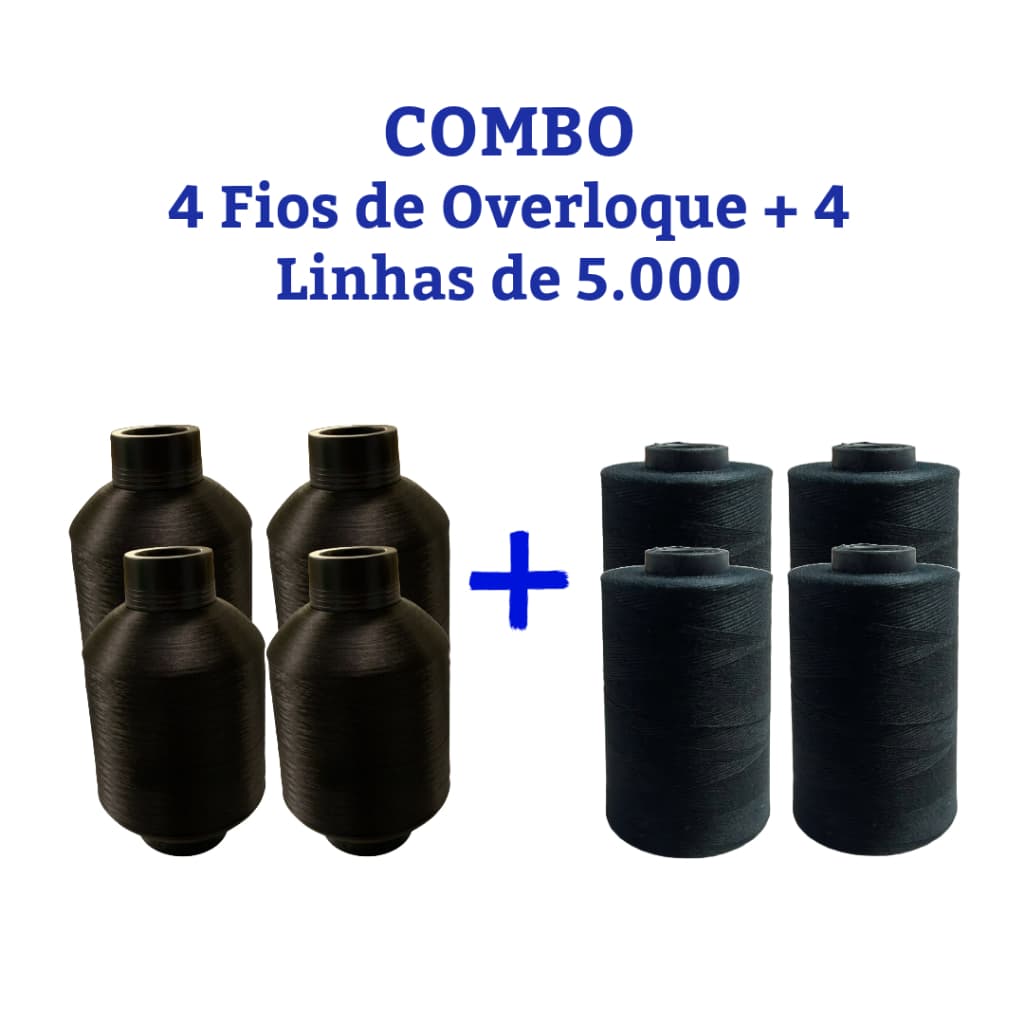 Combo: 4 Cones Linha 120 de 5 mil metros + 4 Cones Fio para Overloque 500g -  Branco e Preto