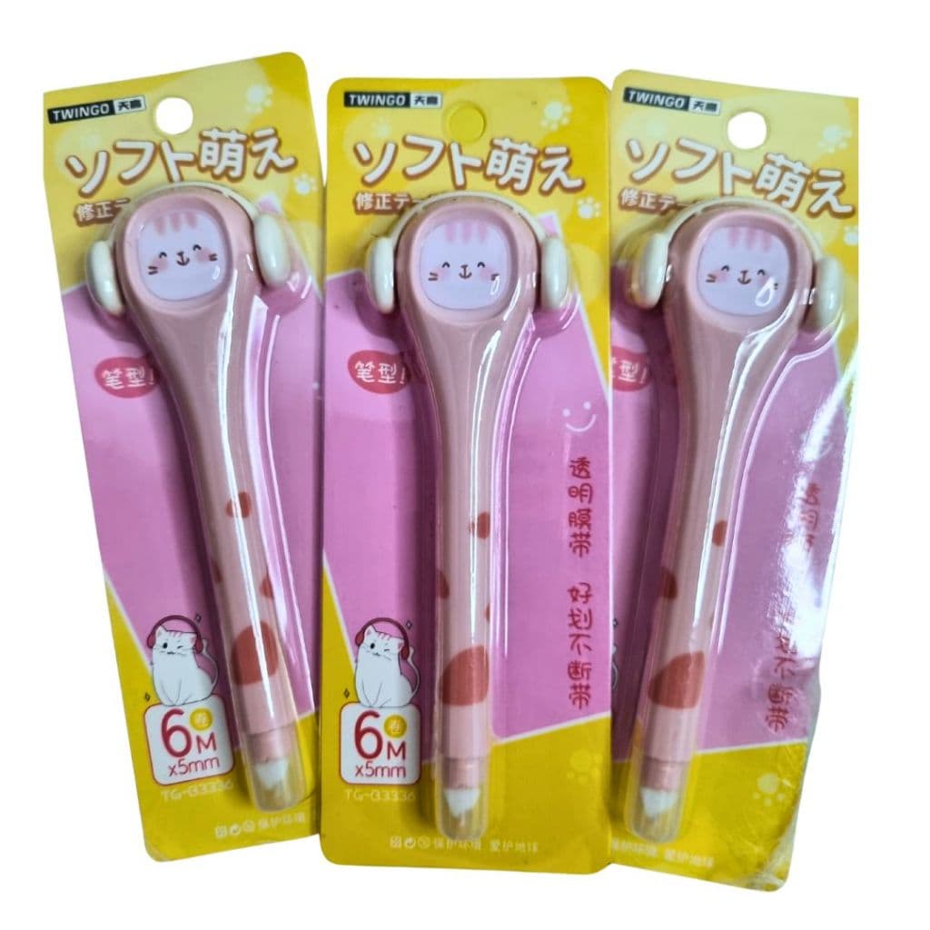 Fita Corretiva Gatinho Rosa com Fone - Papelaria Fofa - Papelaria Kawaii