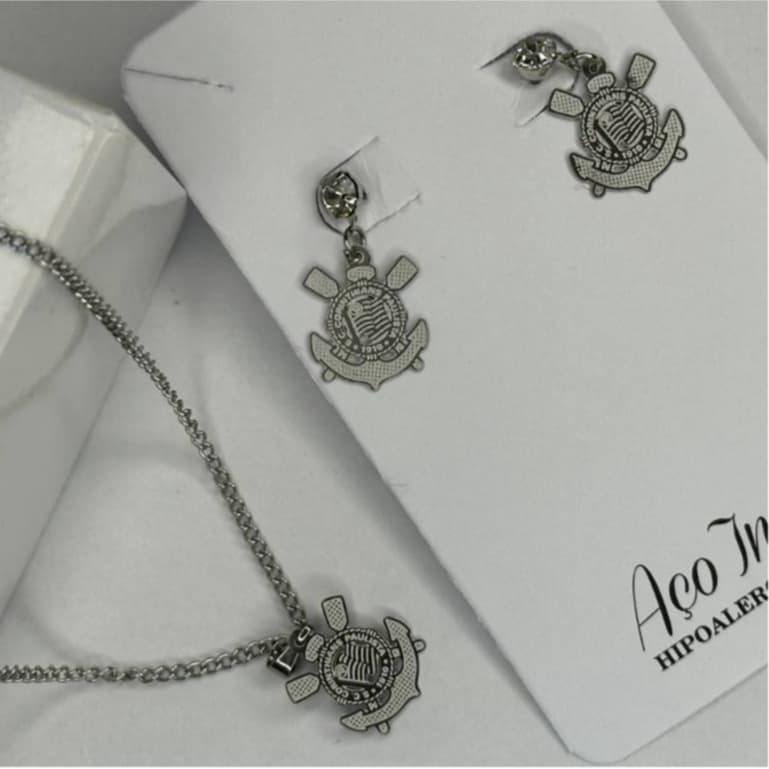 Kit Colar Corrente + Brinco de Aço Inox com pigente Escudo Times Brasileirão
