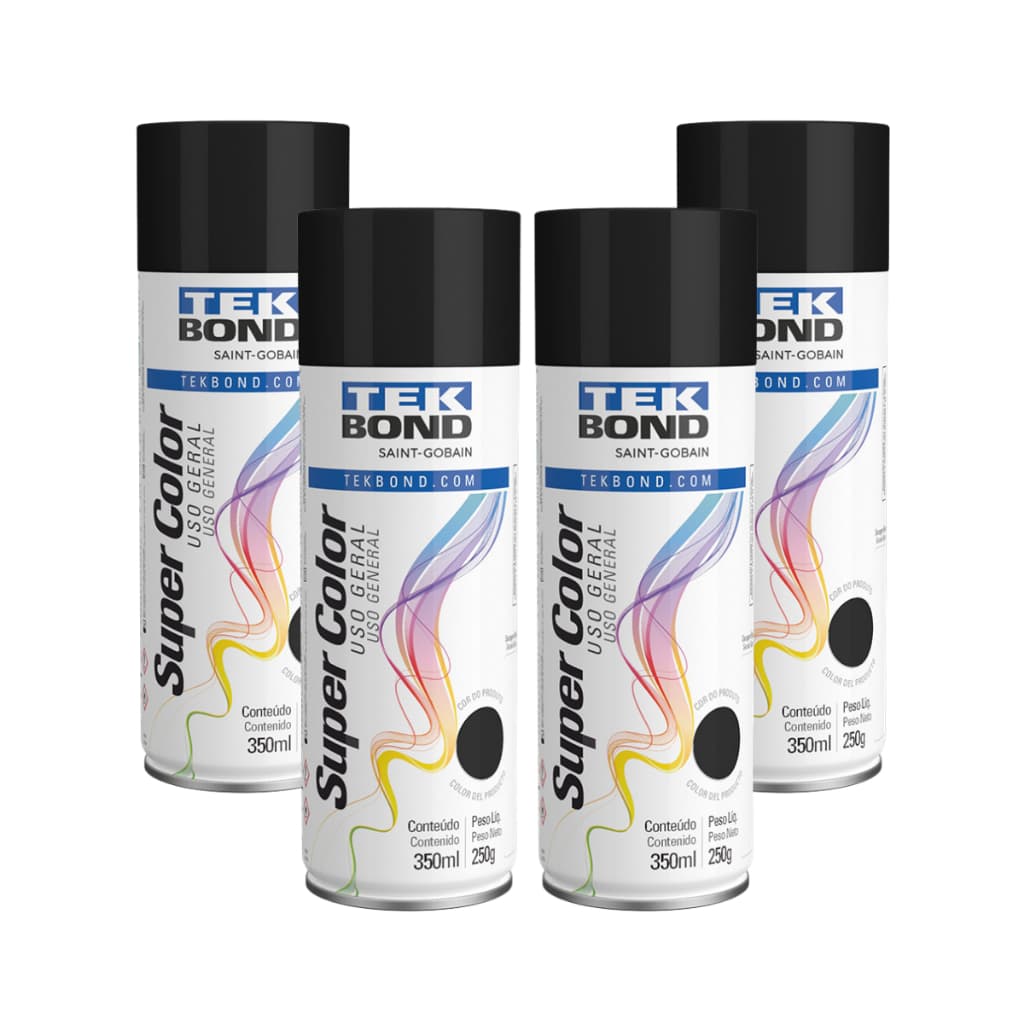 Tinta Spray Preto Brilhante Uso geral 350ml Tekbond - Kit com 4
