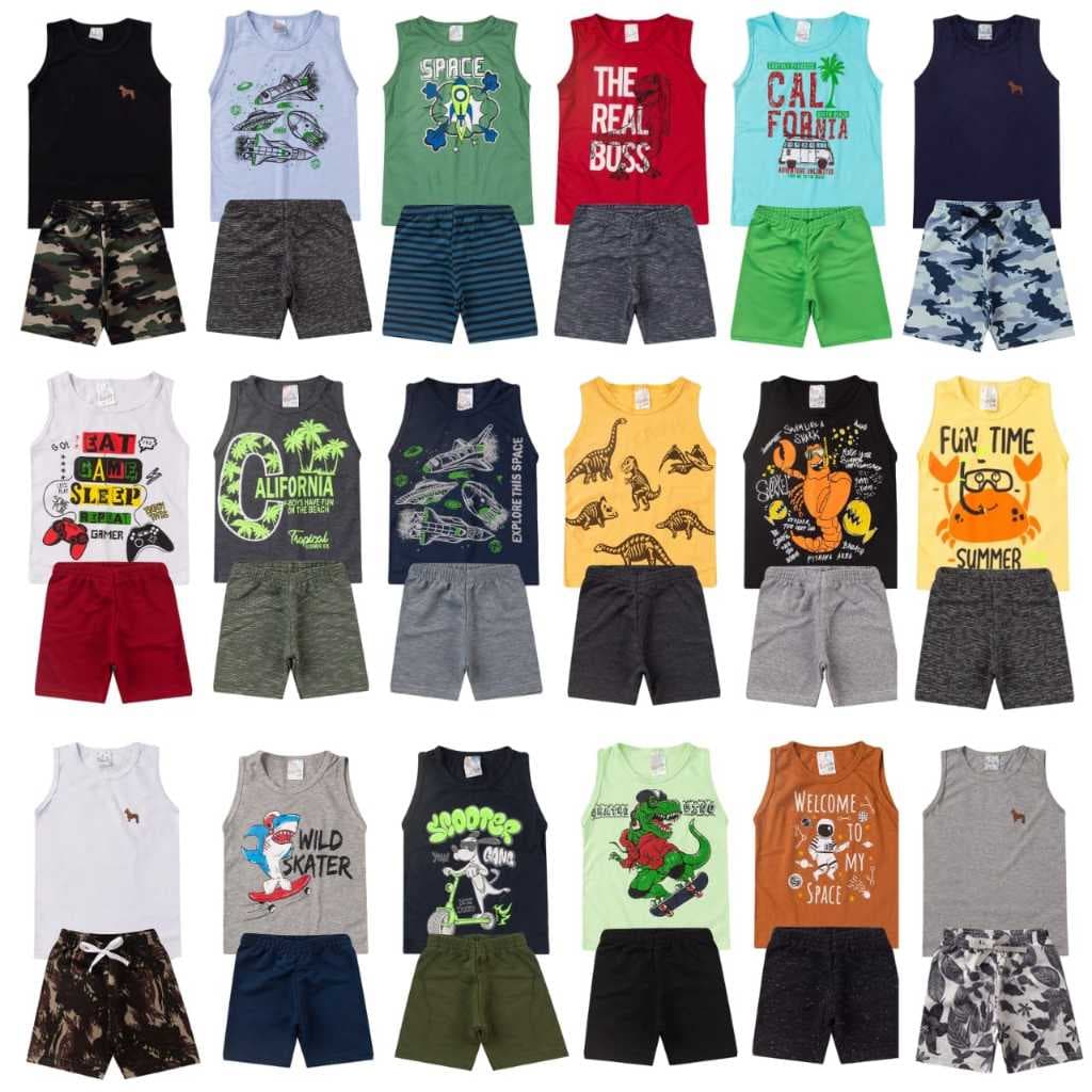 Kit 20 peças de menino infantil são 10 conjuntos regatas e camisas bermuda verão tamanho 1 ao 10