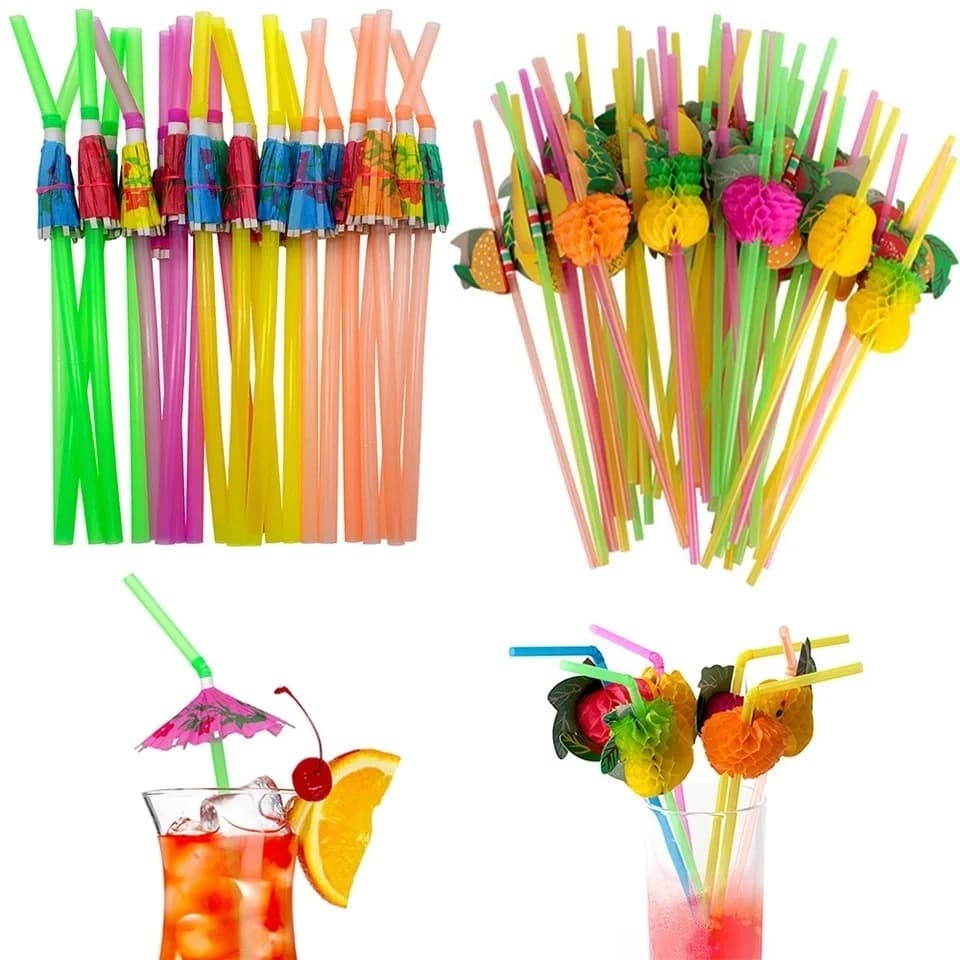 Kit 24 Canudo Colorido para Drinks Festas Canudo Flexível Frutas Guarda-chuva Festa Tropical