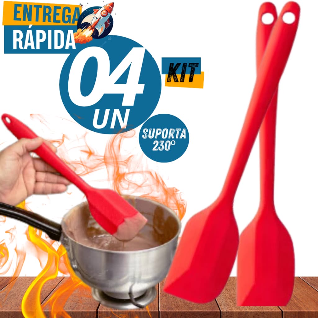 Kit 4 Espátula De Silicone Maciço Utensílio De Cozinha Pão Duro Resistente 230º