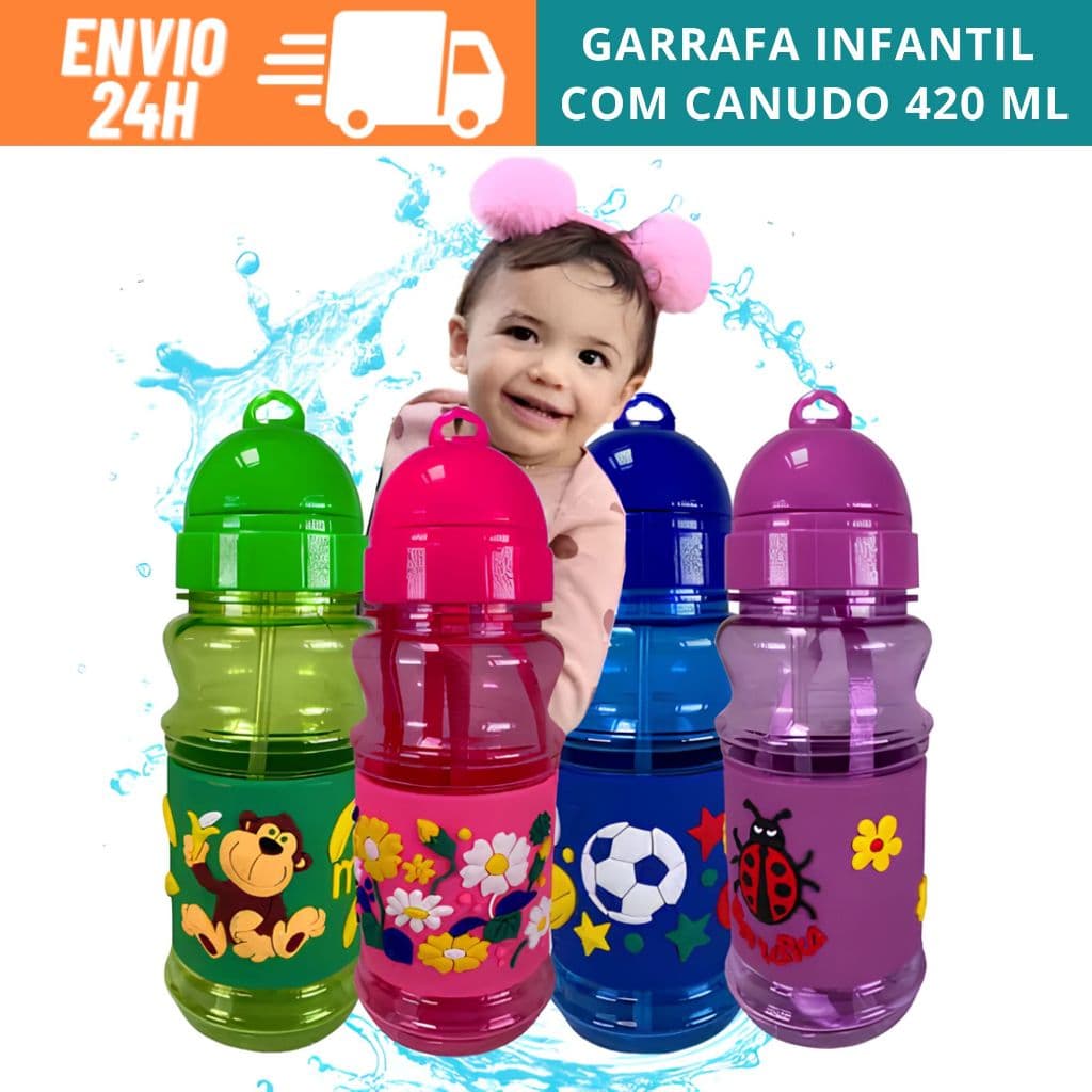 Garrafa Squeeze Infantil Com Canudo 420 ml Estampadas Garrafinha Ideal Para Creche, Escolar
