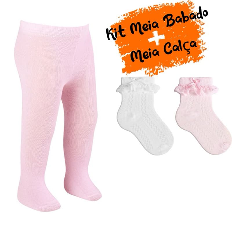 Kit Meia Calça Algodão com 2 Meias Babadinho com Renda Batizado Casamento Daminhas Festa