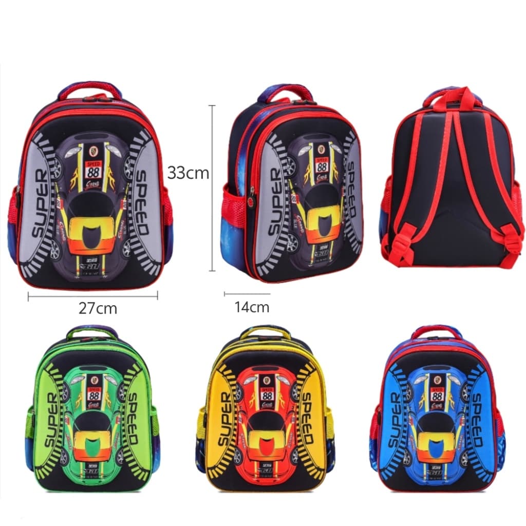 Mochila infantil pré-escola carro alto-relevo