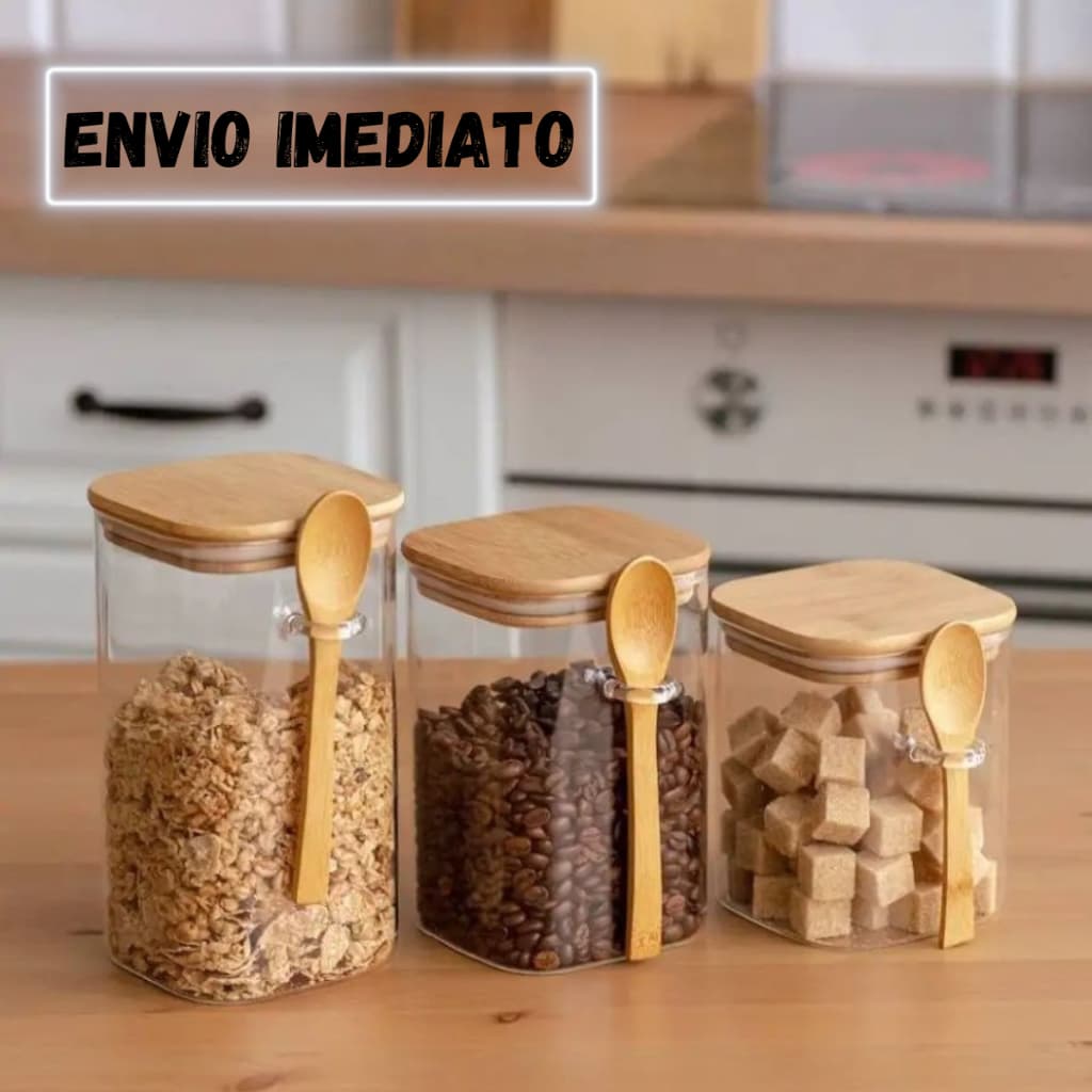 Potes De Vidro com colher 650, 700 e 850ml Com Tampa De Bambu Hermética Porta Mantimentos/Condimentos