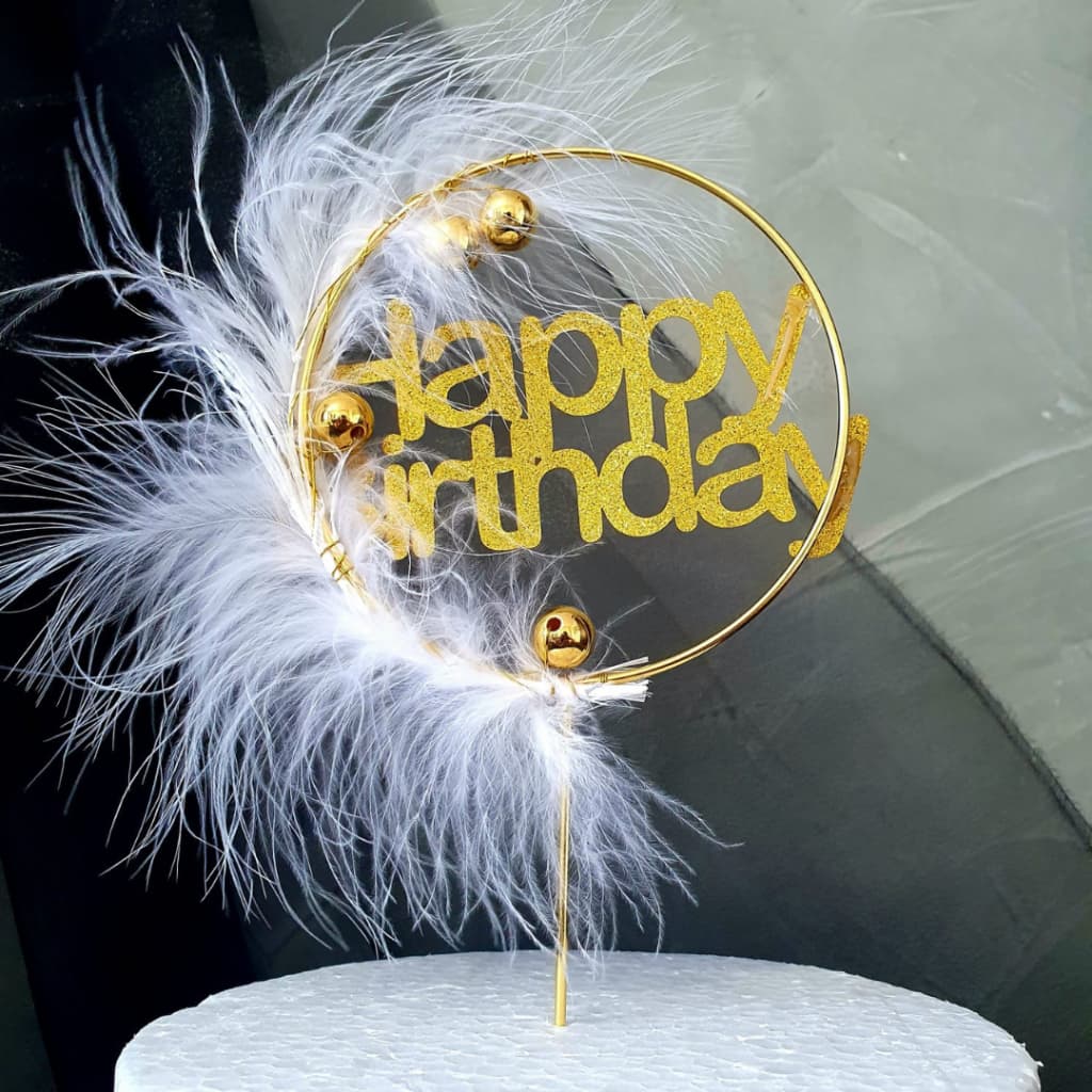 Topo de bolo penas dourado - Topper de bolo Festa Metal Feliz Aniversário Decorativo Boleira pena
