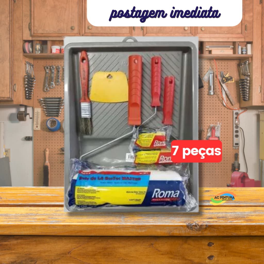 Kit Pintura 7 Peças  (Rolo + Suporte + Bandeja + Trincha + Rolo Espuma + Espatula) Roma