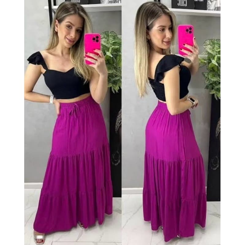 Saia Longa Camadas Três 3 Marias viscorinho com Forro moda blogueira evangélica babados 3 Marias