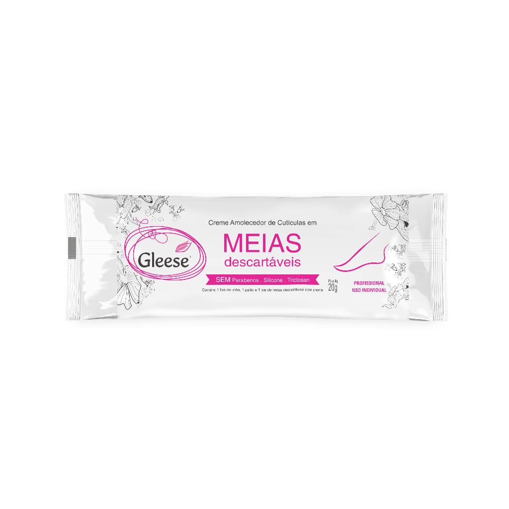 Meias Descartáveis c/ Creme Amolecedor de Cutículas Gleese (25 sachês com par de meias+lixa+palito)