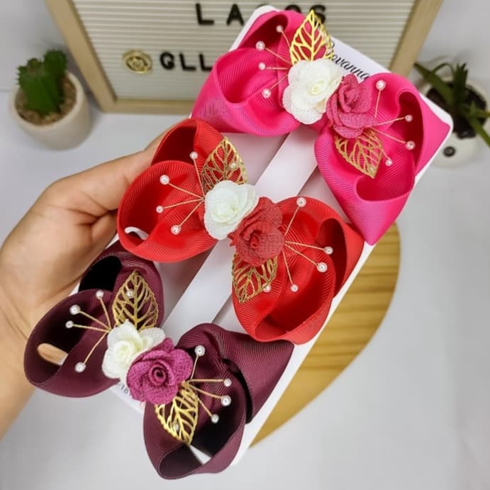 Laço Boutique Luxo com Flor / Laço de Cabelo Infantil / Laço para Casamento