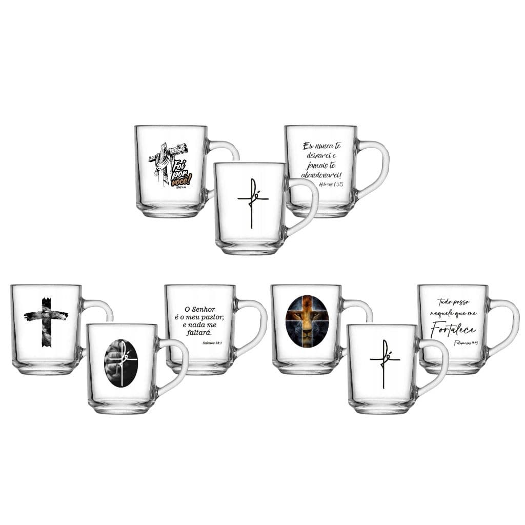 3 Canecas 255ml Personalizado Evangélico Gospel Vidro Delicado Desenho Leao Fé Xícaras Transparente