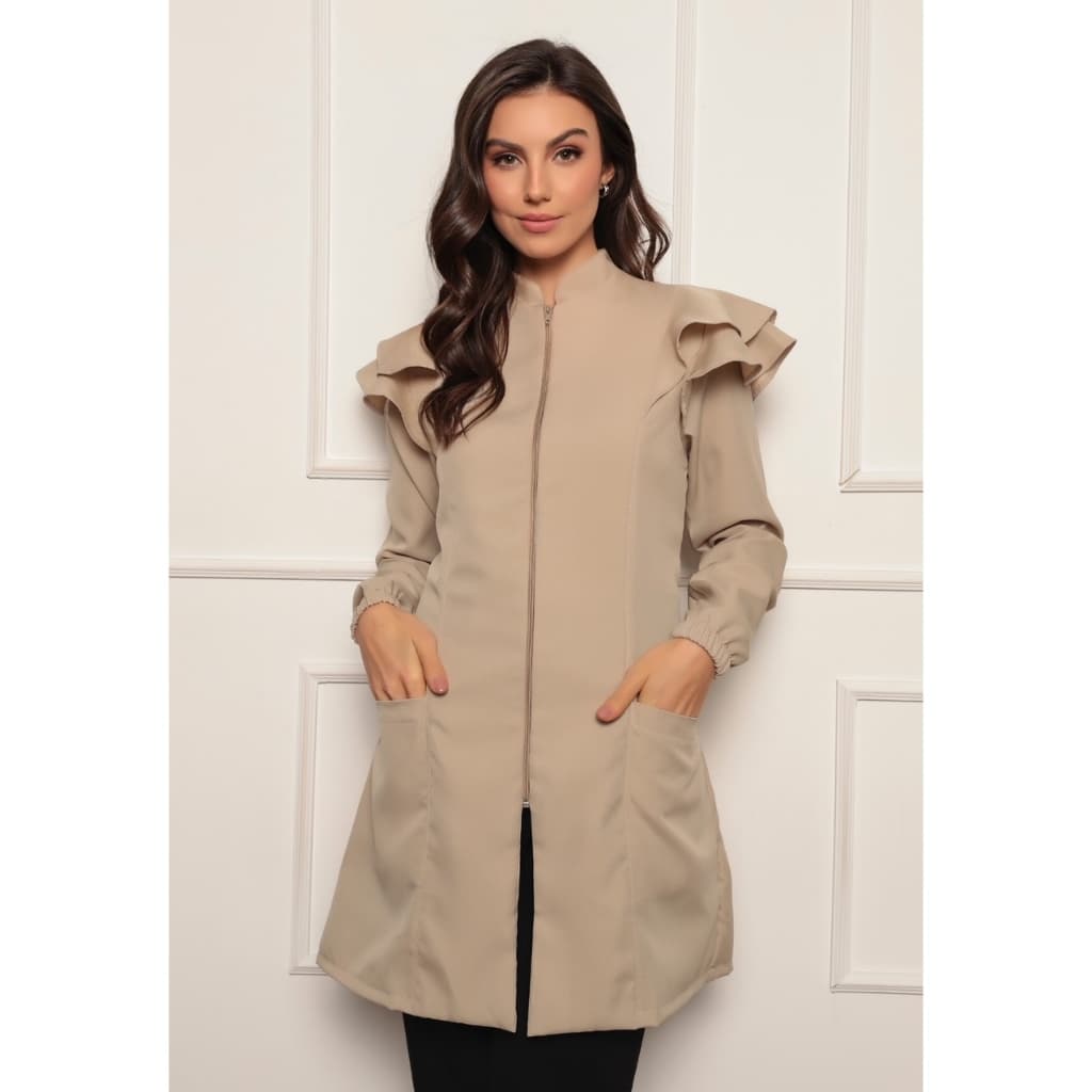 Jaleco Feminino Manga Longa Victoria Oxford Zíper Bege Gardenia Jalecos