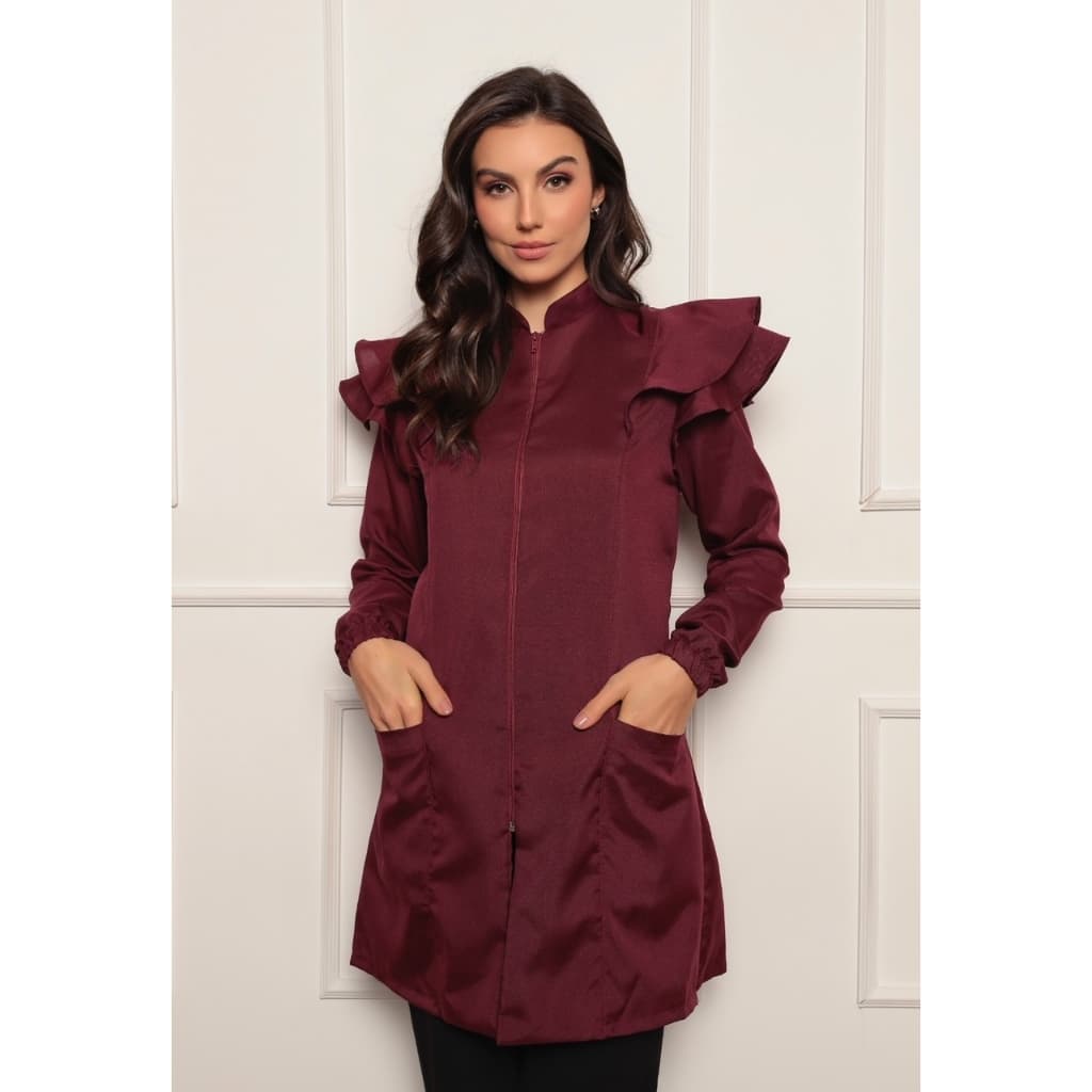 Jaleco Feminino Manga Longa Victoria Oxford Zíper Bordo Luxo Gardenia Jalecos