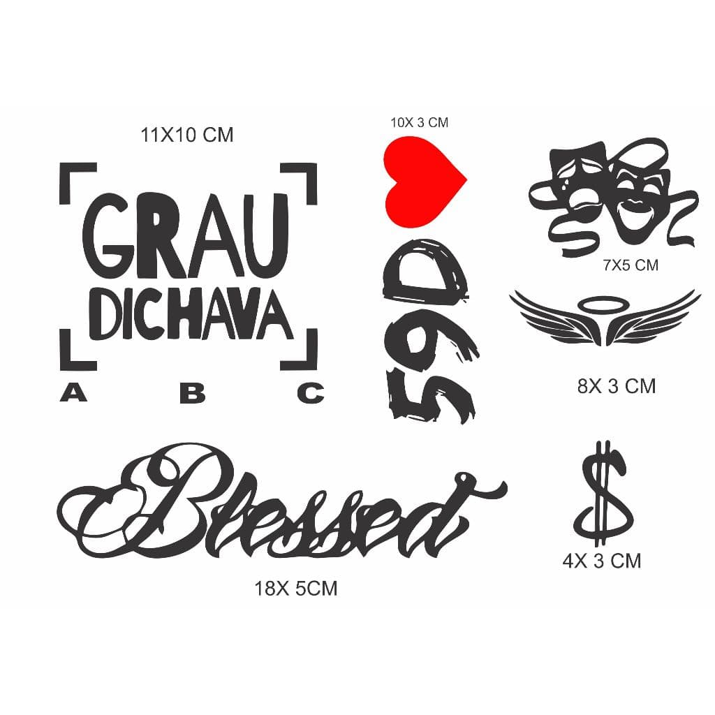 Kit 06 Adesivos BLESSED, CHORA AGORA RIR DEPOIS, ASA ANJO ,  GRAU DICHAVA, 59D, CIFRÃO