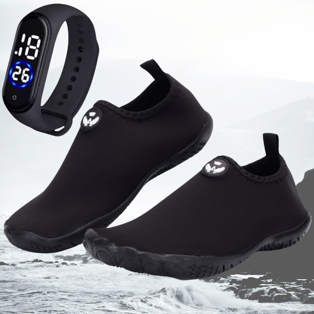 Kit Sapatilha Aquática Neoprene Antiderrapante Hibrida Praia Pesca Caiaque + Relógio Digital Unissex