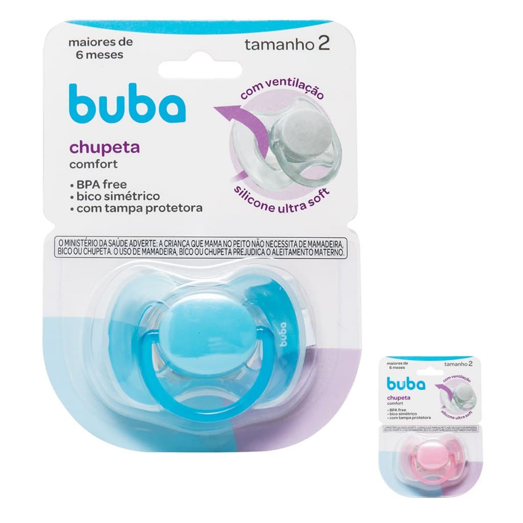 Chupeta Comfort Fase 2 Azul Rosa Com Tampa Protetora Silicone Buba