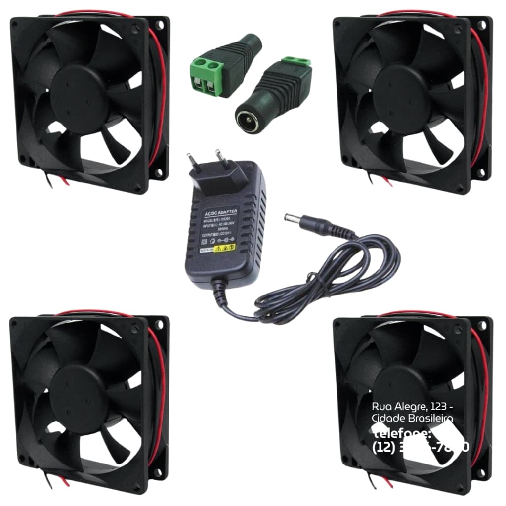 4X Micro Ventilador 80x80x25 Cooler Fan Ventoinha 80x80 12V (Kit c/ 4pçs + 1 Fonte Bivolt)