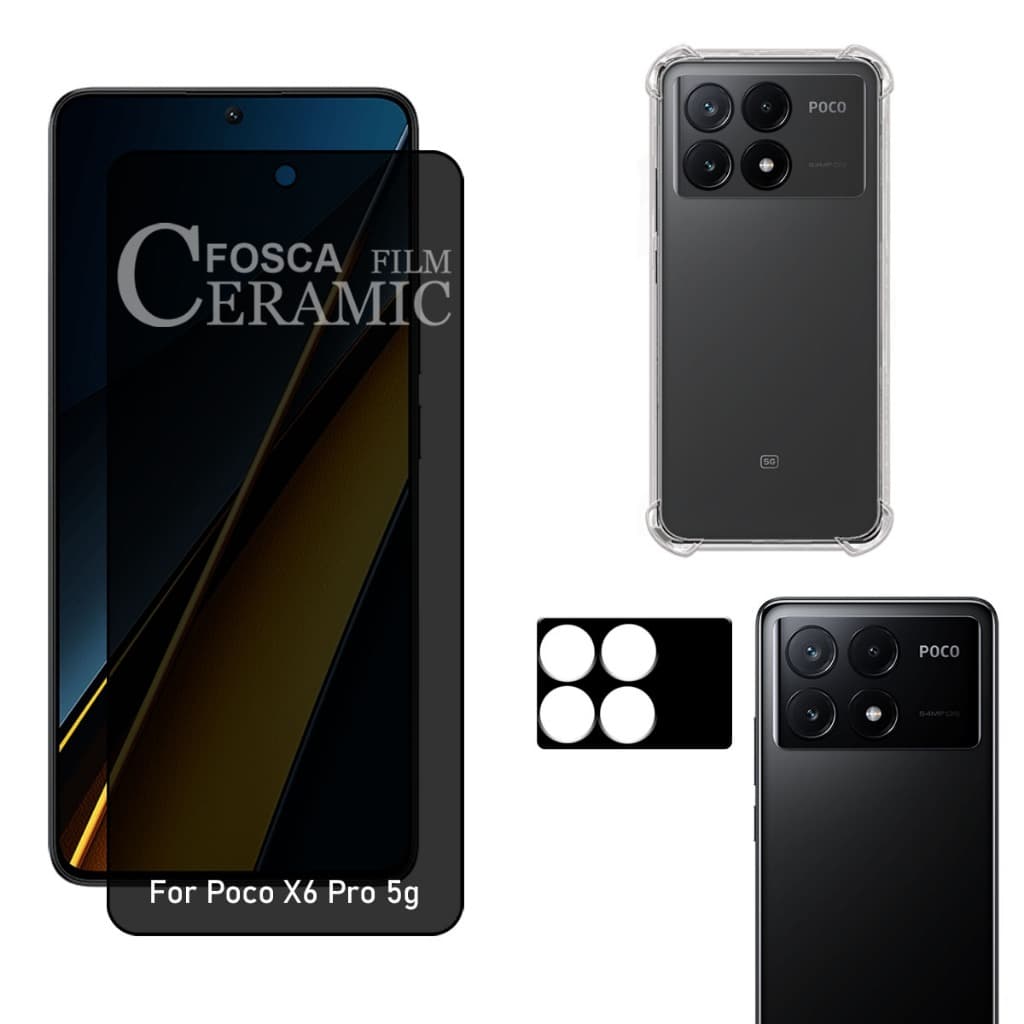 Kit Para Poco X6 Pro 5g | Película de Privacidade Fosca - Capa Anti Shock - Película da Câmera 3D