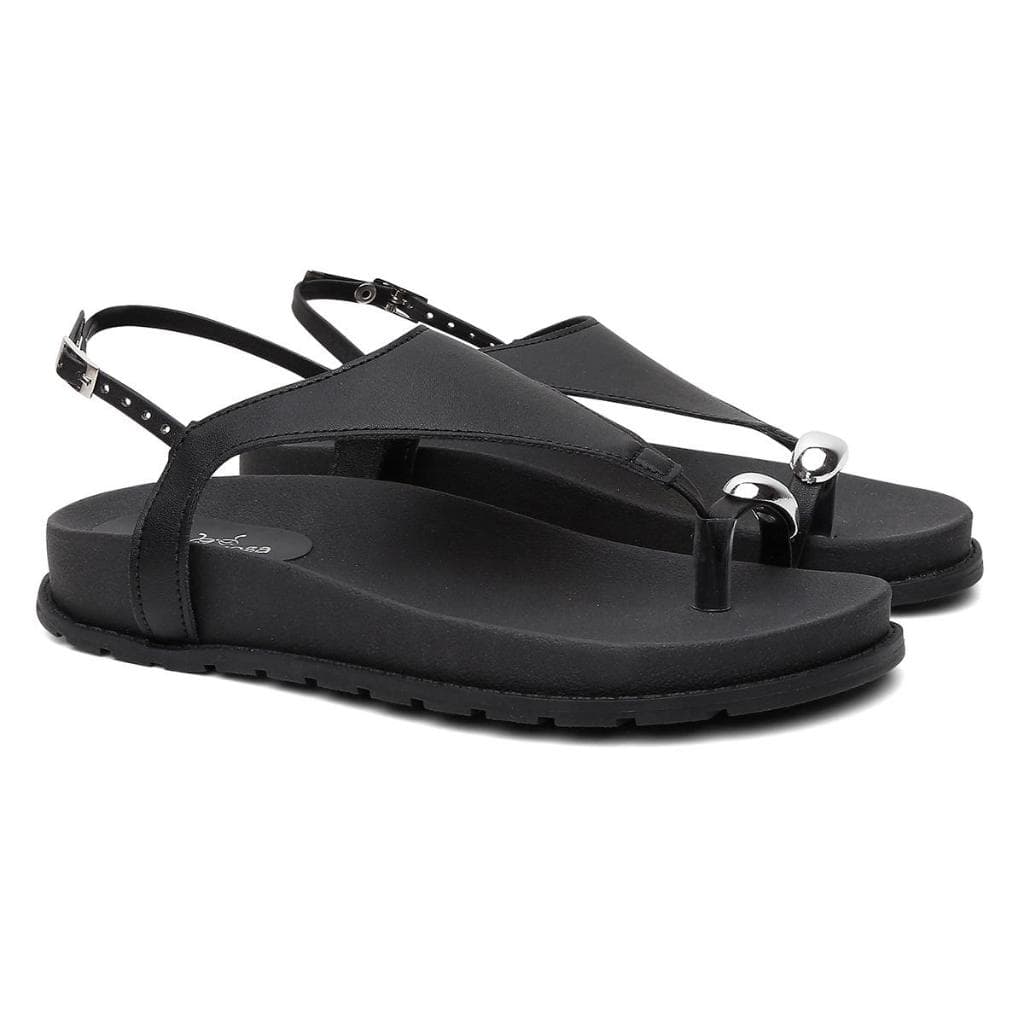 Sandália Feminina Papete Preta Aplique Metal Prata Verão