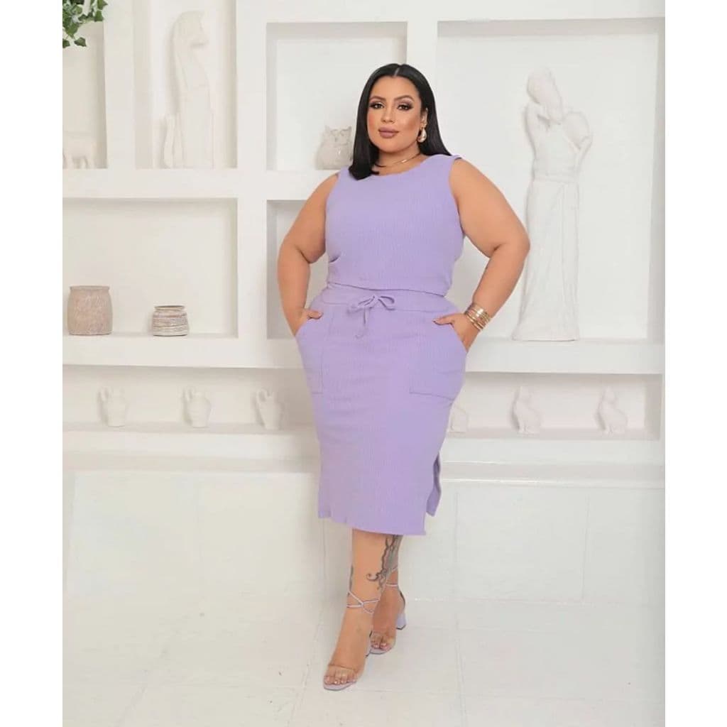 Conjunto Plus Size Saia Midi Blusa Cropped Elegante Feminino Canelado Premium Lançamento Primavera Verão