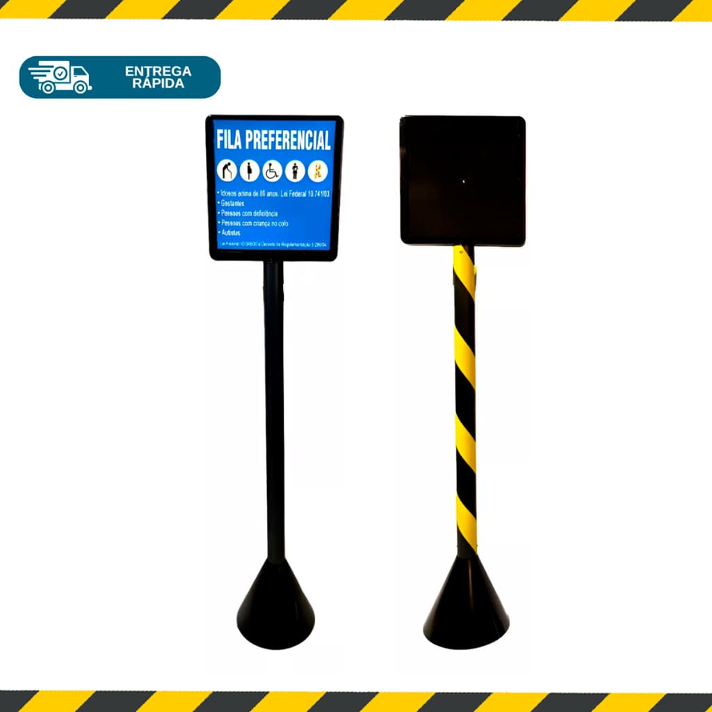 Pedestal Plástico Zebrado ou Preto + Suporte Placa Cristal Móvel Sinalização Demarcação