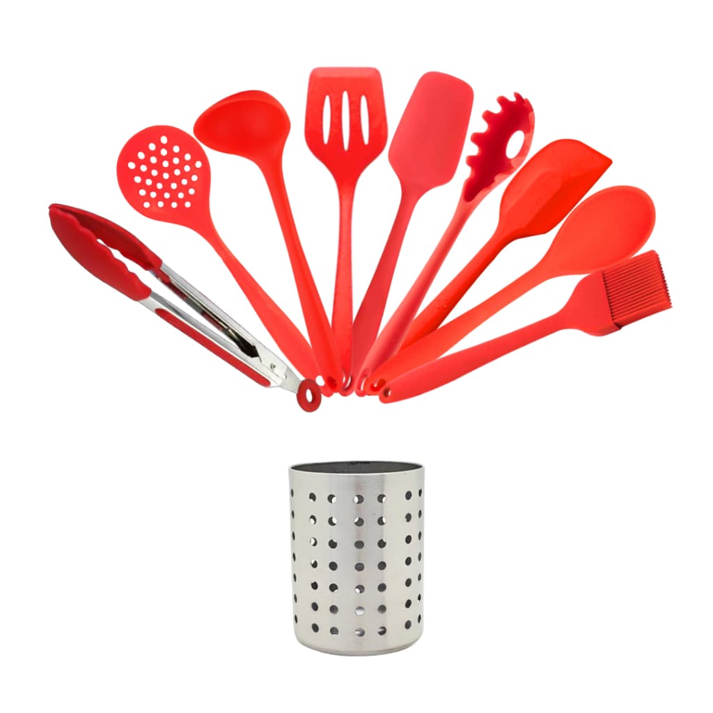Kit Utensílios de Silicone Inteiriço Vermelho 9 Peças + Suporte Em Aço Inox para Cozinha Linha Premium Escumadeira