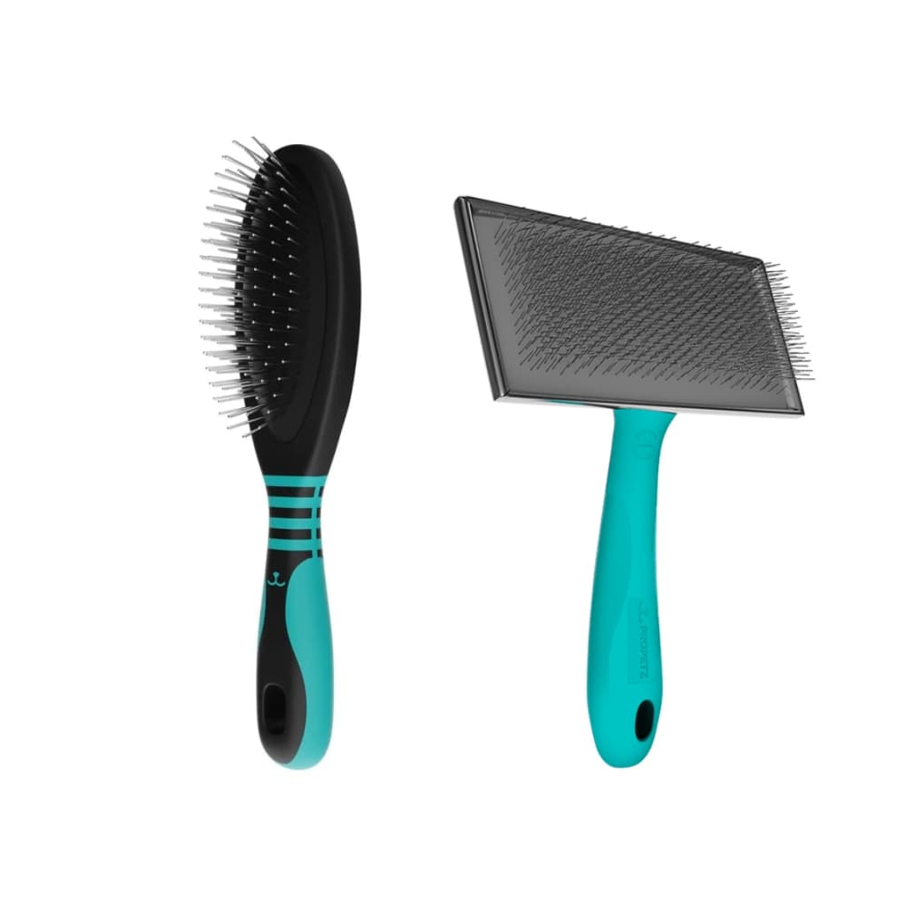 Kit Escova Pinos s/ Bolinha Média Azul e Rasqueadeira Reta Média Clássica Azul Propetz Original