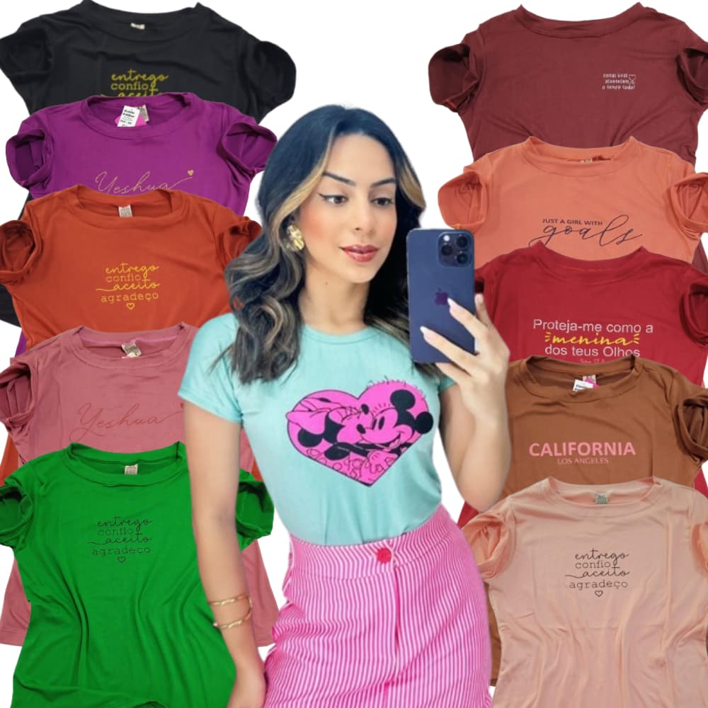Kit com 5 Blusas Feminina Baby Look  Malha Suede