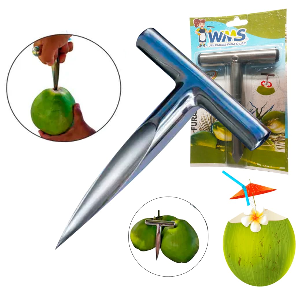 FURADOR DE COCO PROFISSIONAL TOTALMENTE EM INOX Perfurador Manual Abridor Inox Pegador Resistente