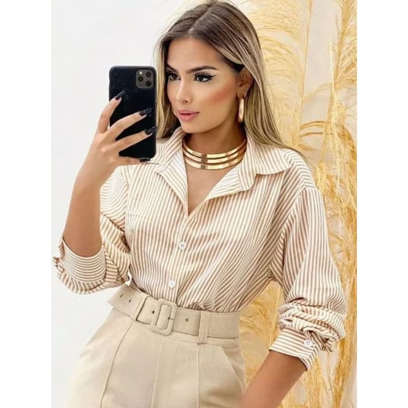 Camisa social feminina manga longa de listrado com bortao super modas