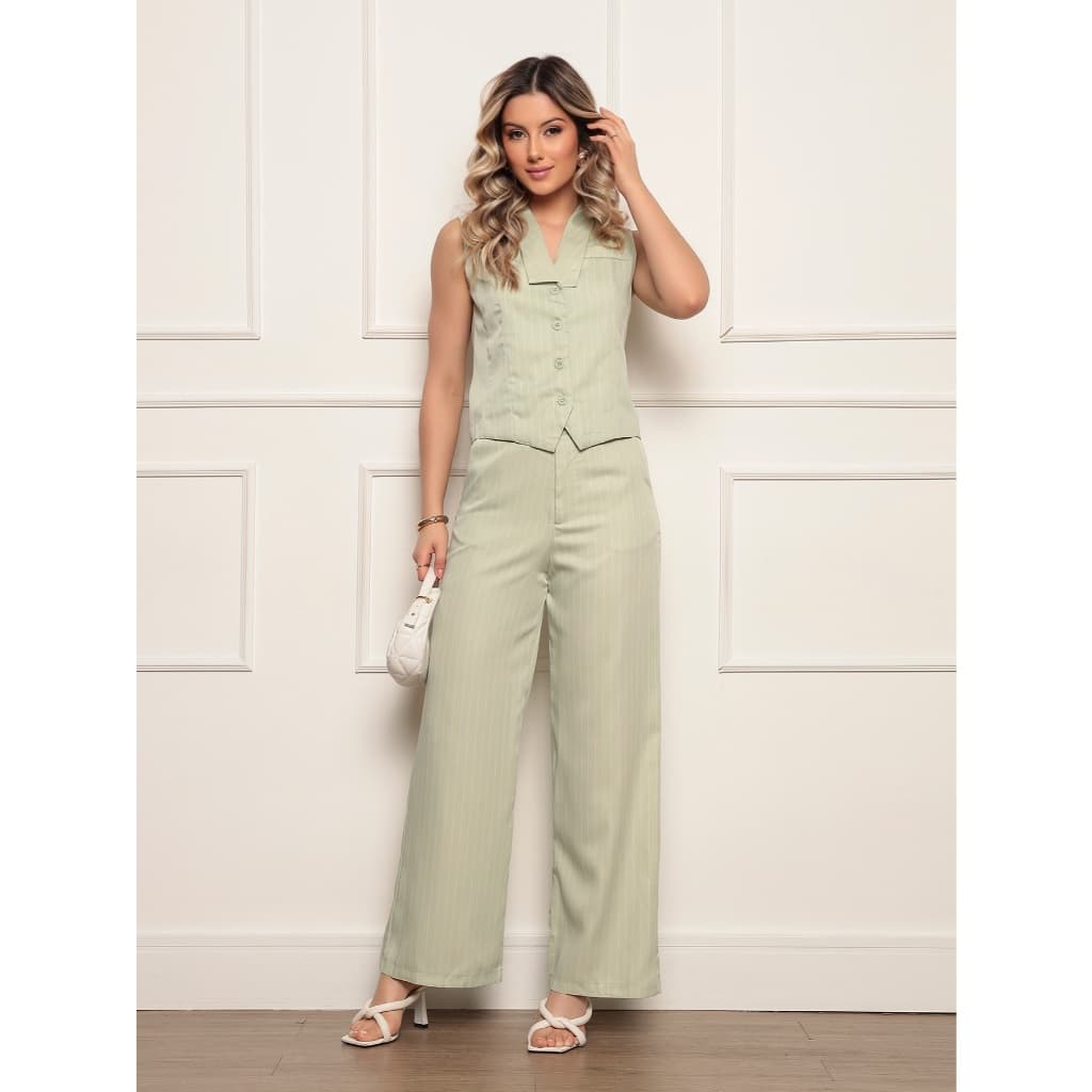 Conjunto Feminino em Alfaiataria Listrada Colete com calça comprida estilo Social Importado
