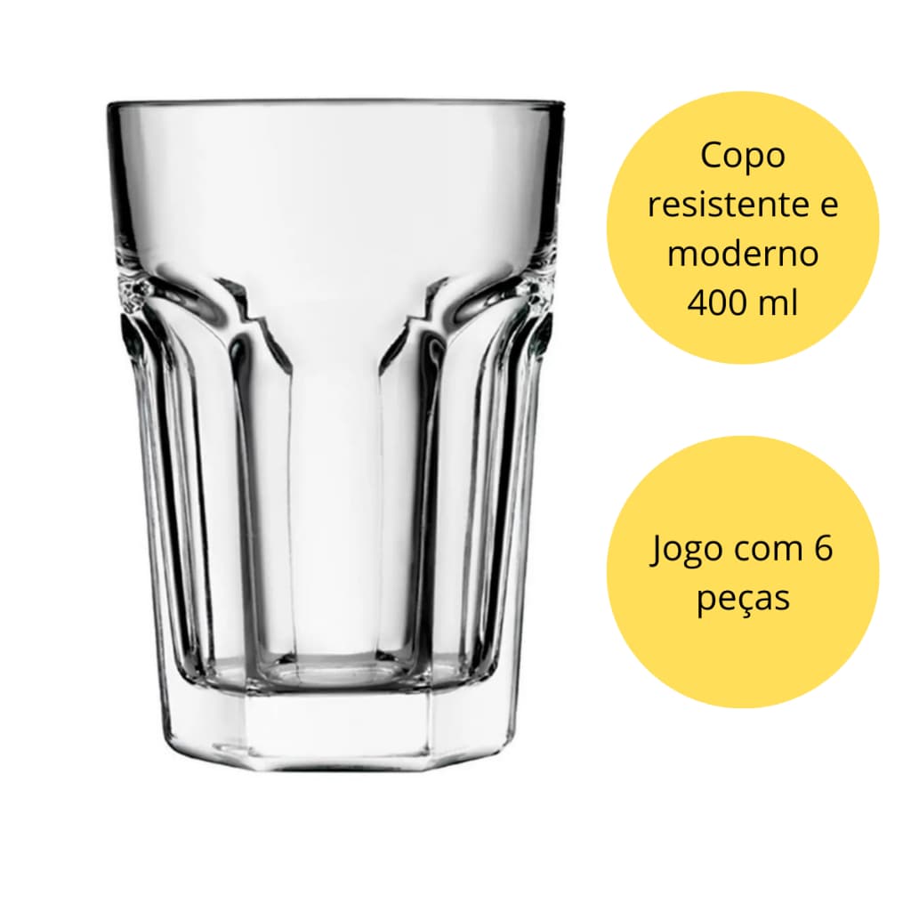 JOGO 6 COPOS VIDRO GROSSO RESISTENTE LUXO AGUA SUCO 400 ML ORIGINAL